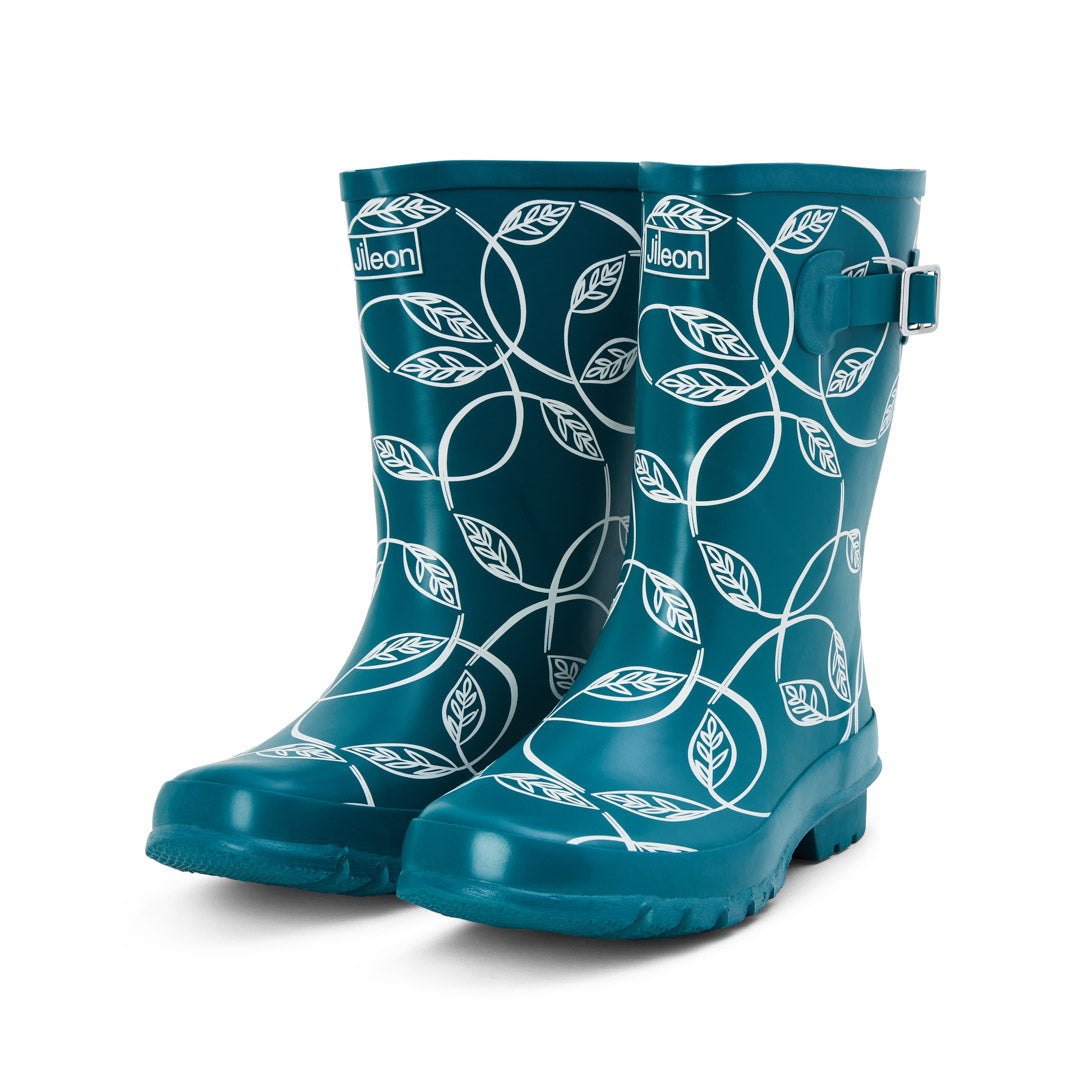 Womens Half Height Teal with Leaves Rain Boots Wide in Foot