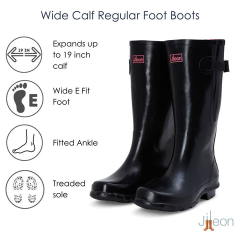 Wide Calf Rain Boots - 15 to 19 inch calf - Black Glossy - Regular Width in Ankle