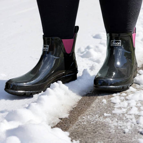 Ankle Height Rain Boots - Black Glossy - Wide Foot - Easy to Slip On