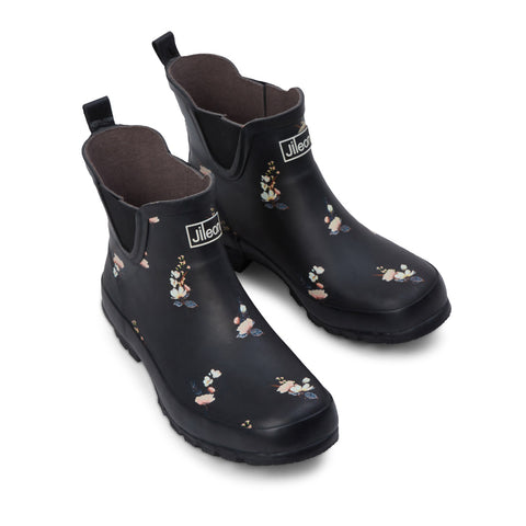 Ankle Height Rain Boots - Black Floral - Wide Foot - Easy to Slip On