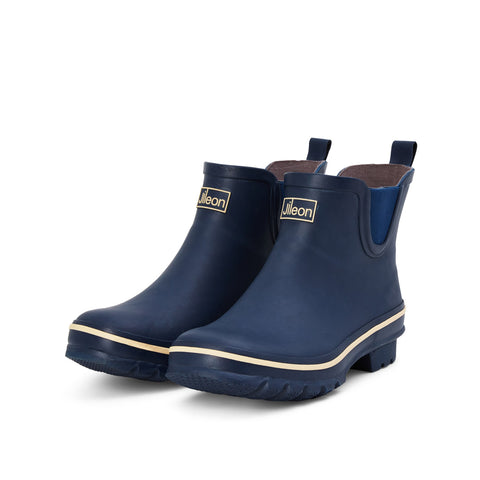 Ankle Height Rain Boots - Navy Blue with Cream Trim - Wide Foot - Easy to Slip On