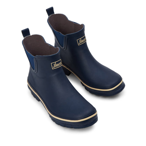 Ankle Height Rain Boots - Navy Blue with Cream Trim - Wide Foot - Easy to Slip On