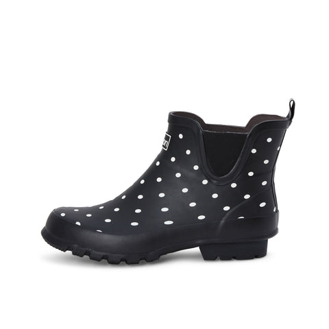Ankle Height Rain Boots - Black with White Spots - Wide Foot - Easy to Slip On