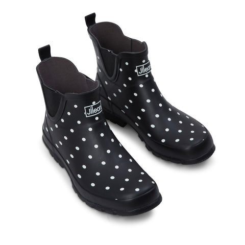 Ankle Height Rain Boots - Black with White Spots - Wide Foot - Easy to Slip On