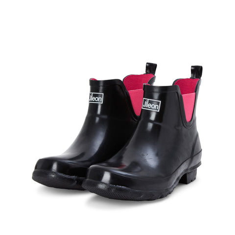 Ankle Height Rain Boots - Black Glossy - Wide Foot - Easy to Slip On