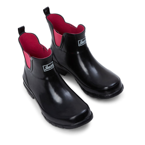 Ankle Height Rain Boots - Black Glossy - Wide Foot - Easy to Slip On