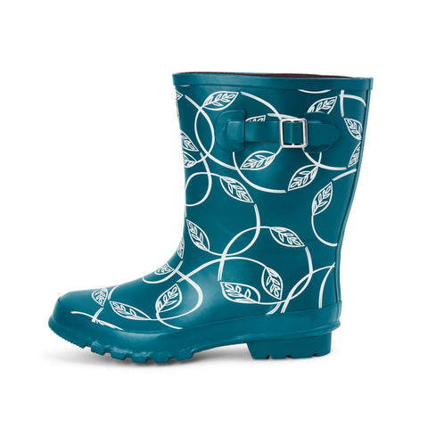 Half Height Rain Boots - Teal with Leaves - Wide Foot and Ankle