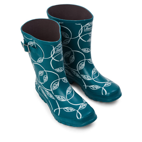 Half Height Rain Boots - Teal with Leaves - Wide Foot and Ankle