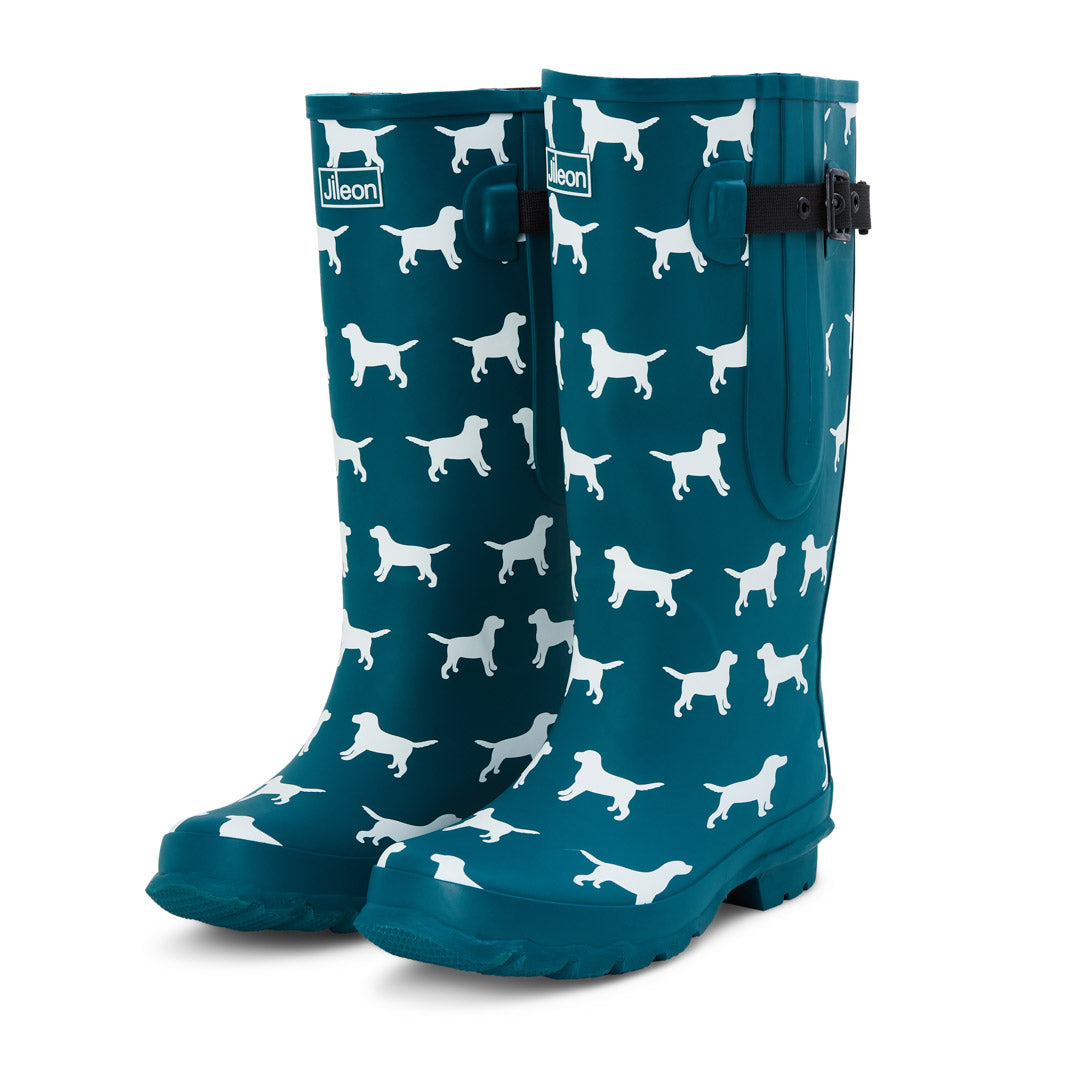 Extra Wide Calf Women's Rain Boots Teal Dogs 16-23 Inch Calf Wide in Foot Ankle