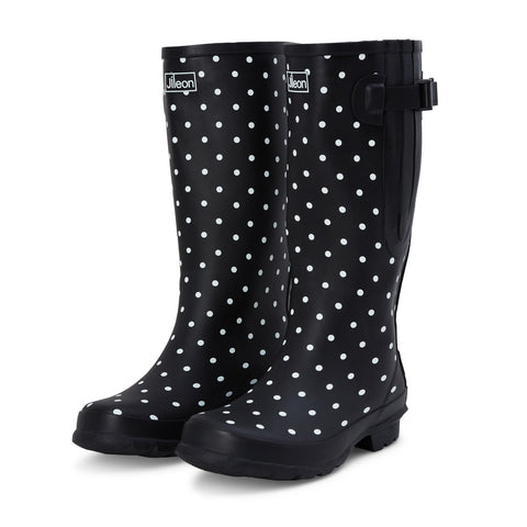 Wide Calf Rain Boots - 15 to 19 inch calf - Black Spotty- Regular Fit in Ankle