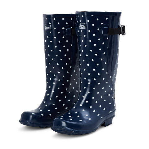 Extra Wide Calf Womens' Rain Boots - Navy Spots - 16-23 Inch Calf - Wide in Foot and Ankle