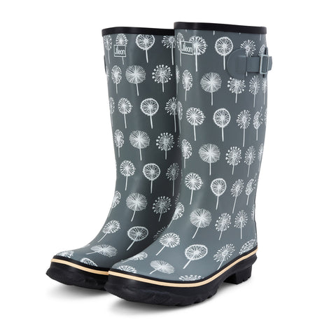 Wide Calf Rain Boots - 15 to 18 inch calf - Grey Dandelion - Wide in Foot and Ankle