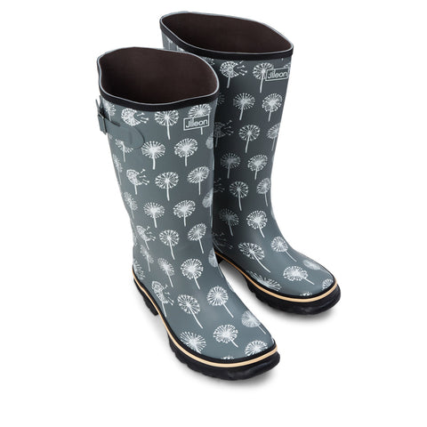 Wide Calf Rain Boots - 15 to 18 inch calf - Grey Dandelion - Wide in Foot and Ankle
