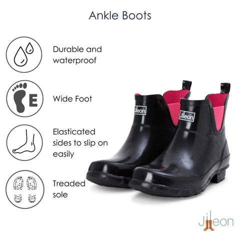 Ankle Height Rain Boots - Black Glossy - Wide Foot - Easy to Slip On