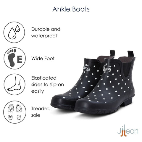 Ankle Height Rain Boots - Black with White Spots - Wide Foot - Easy to Slip On