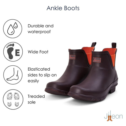 Ankle Height Rain Boots - Chocolate with Orange Trim - Wide Foot - Easy to Slip On