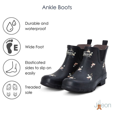 Ankle Height Rain Boots - Black Floral - Wide Foot - Easy to Slip On