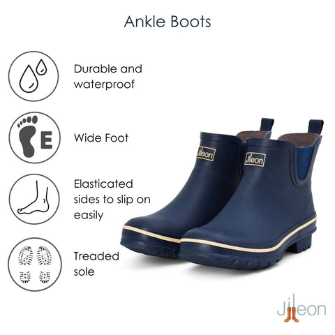 Ankle Height Rain Boots - Navy Blue with Cream Trim - Wide Foot - Easy to Slip On
