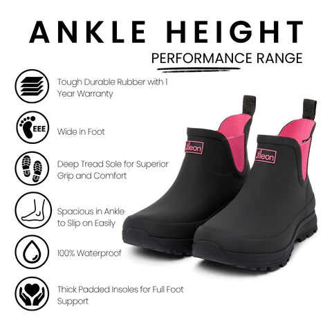 Ankle Height Rain Boots - Black Pink - Wide Foot - Easy to Slip On