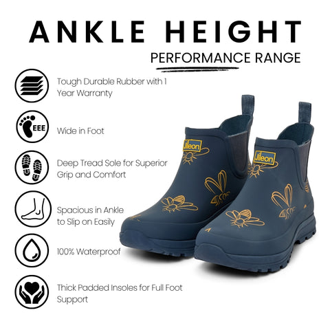 Ankle Height Rain Boots - Navy with Bumble Bees - Wide Foot - Easy to Slip On