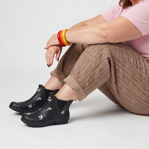 Ankle Height Rain Boots - Black Floral - Wide Foot - Easy to Slip On