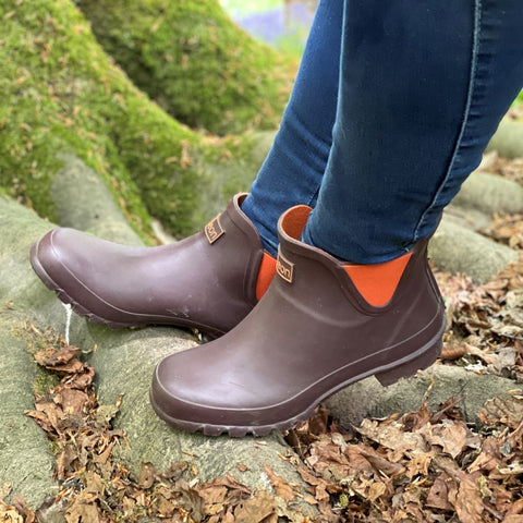 Ankle Height Rain Boots - Chocolate with Orange Trim - Wide Foot - Easy to Slip On