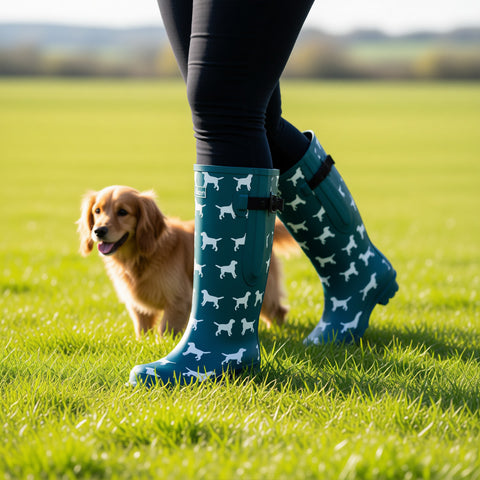 Extra Wide Calf Women's Rain Boots - Teal Dogs - 16-23 Inch Calf - Wide in Foot & Ankle