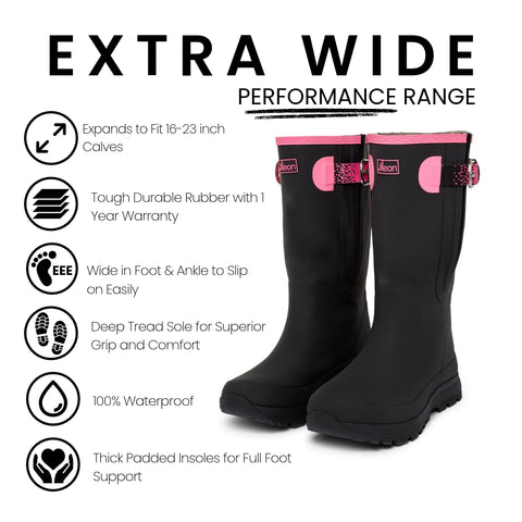 Extra Wide Calf Womens' Rain Boots - Black with Pink Trim - 16-23 Inch Calf - Wide in Foot & Ankle
