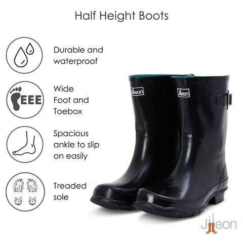 Half Height Rain Boots - Black Glossy - Wide Foot and Ankle