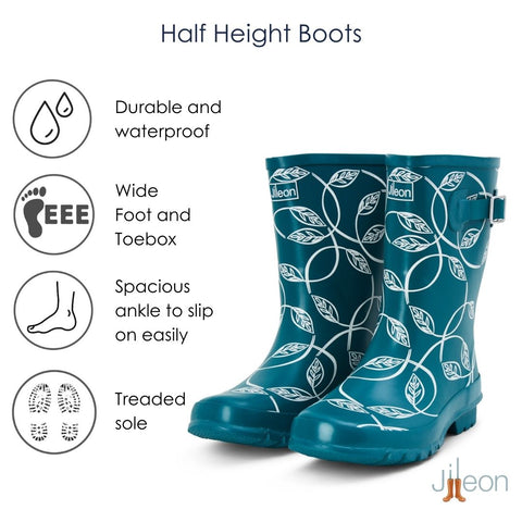 Half Height Rain Boots - Teal with Leaves - Wide Foot and Ankle