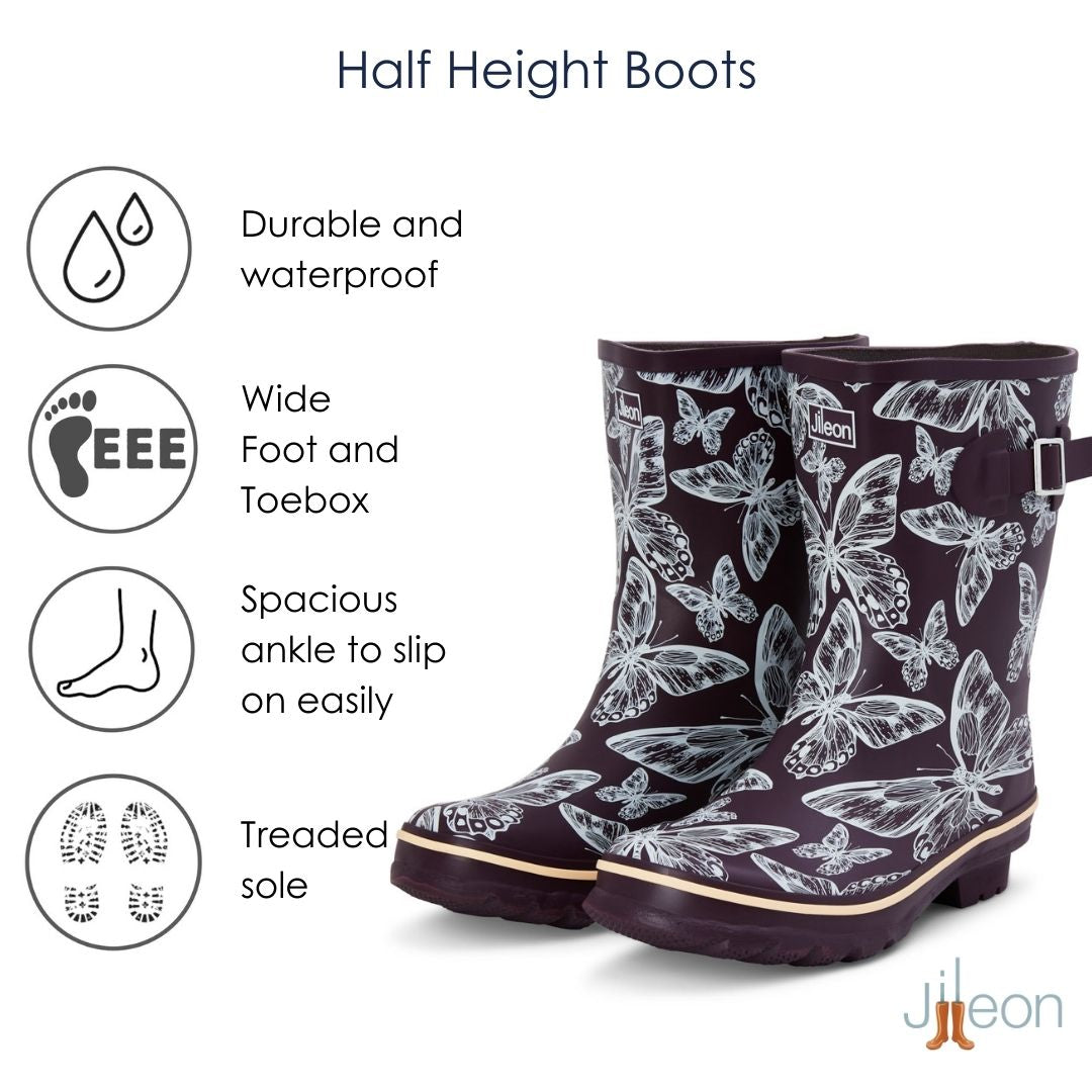 Womens Half Height Purple Butterfly Rain Boots - Wide in