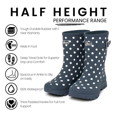 Half Height Navy Spot Rain Boots - Wide Foot and Ankle