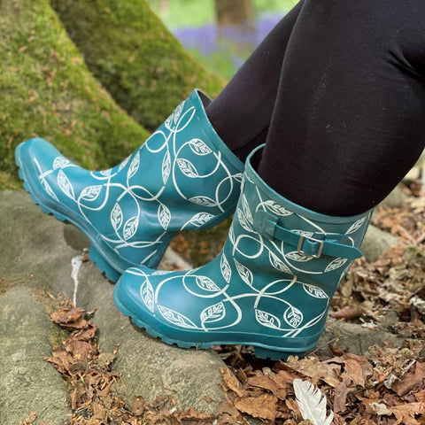 Half Height Rain Boots - Teal with Leaves - Wide Foot and Ankle