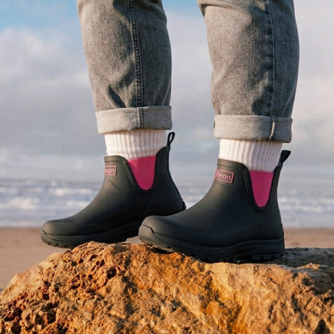 Ankle Height Rain Boots - Black Pink - Wide Foot - Easy to Slip On