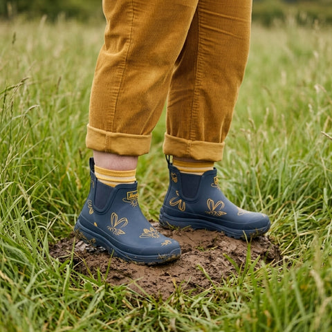 Ankle Height Rain Boots - Navy with Bumble Bees - Wide Foot - Easy to Slip On