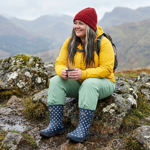 Half Height Navy Spot Rain Boots - Wide Foot and Ankle