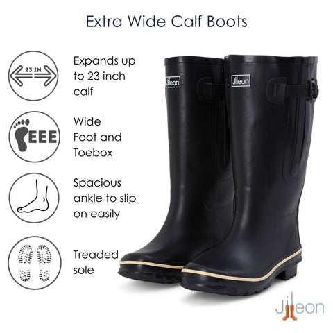 Extra Wide Calf Womens' Rain Boots - Black - 16-23 Inch Calf - Wide Foot & Ankle