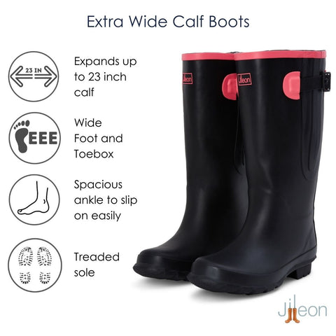 Extra Wide Calf Womens' Rain Boots - Black with Pink Trim - 16-23 Inch Calf - Wide in Foot & Ankle