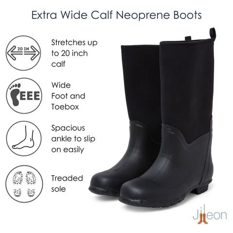 Extra Wide Calf Neoprene Rubber Rain Boots - Black - Up to 20 inch Calf - Wide in Foot and Ankle
