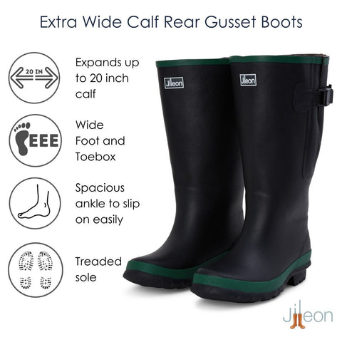 Extra Wide Calf Black Rain Boots - Fit 16 to 20 inch Calf - Wide in Foot and Ankle