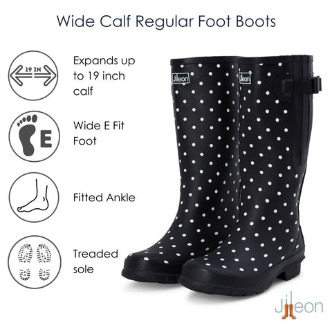 Wide Calf Rain Boots - 15 to 19 inch calf - Black Spotty- Regular Fit in Ankle