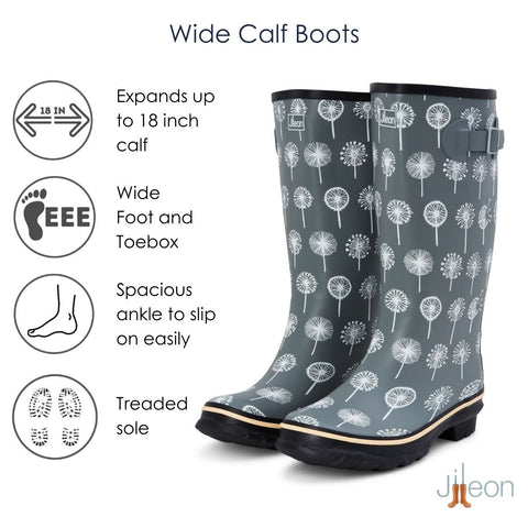 Wide Calf Rain Boots - 15 to 18 inch calf - Grey Dandelion - Wide in Foot and Ankle