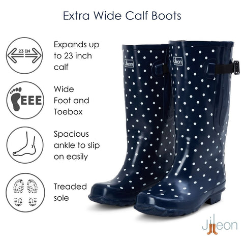 Extra Wide Calf Womens' Rain Boots - Navy Spots - 16-23 Inch Calf - Wide in Foot and Ankle