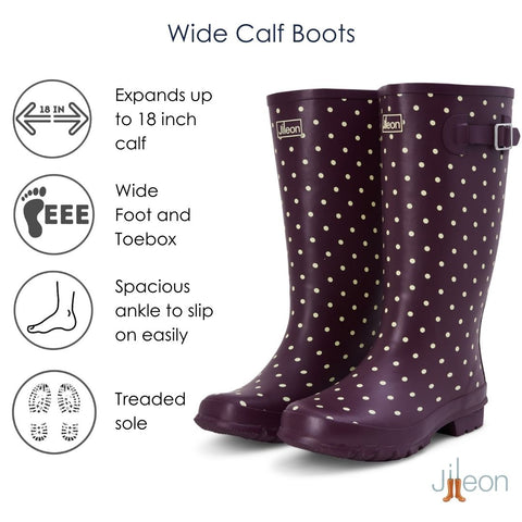 Wide Calf Rain Boots - 15 to 18 inch calf - Purple Spot - Wide Fit in Foot and Ankle