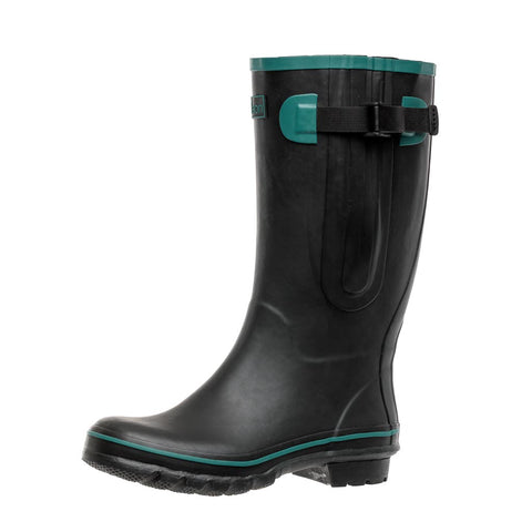 Wide Calf Rain Boots - 15 to 19 inch calf - Black with Teal Trim - Regular Width in Ankle