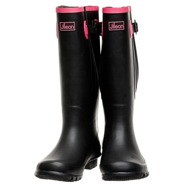 Extra Wide Calf Rain Boots Black with Hot Pink Trim Wide in Foot and Ankle Jileon RainBoots