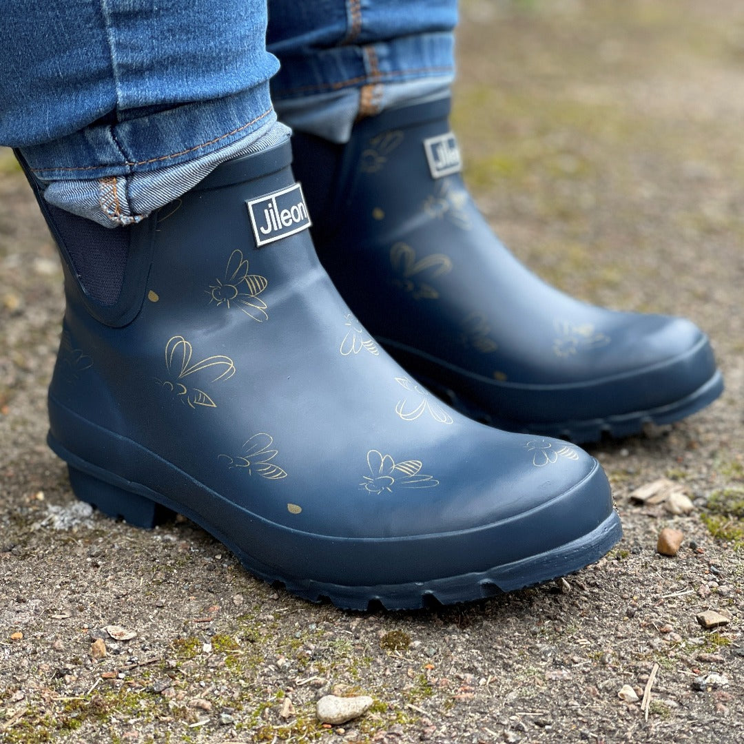 Ankle Height Rain Boots Navy with Bumble Bees Wide Foot Easy to Slip On