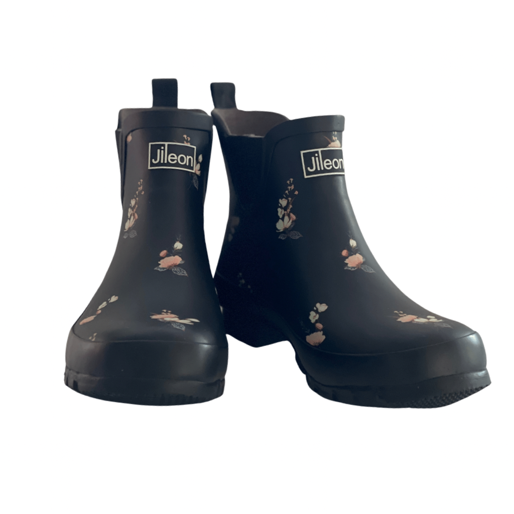 Black Floral Design Ankle Rain Boots Fit Wide Foot and Calf