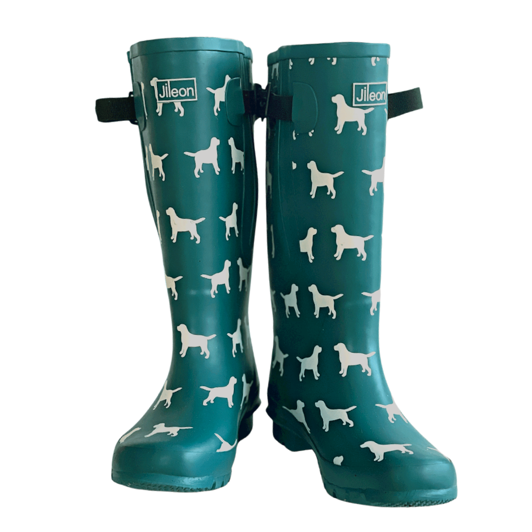 Extra Wide Calf Women s Rain Boots Teal Dogs 16 23 Inch Calf Wide in Foot Ankle