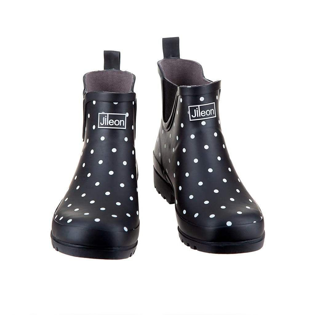 Black Spotted Ankle Rain Boots - Wide in Foot - Easy to Slip On